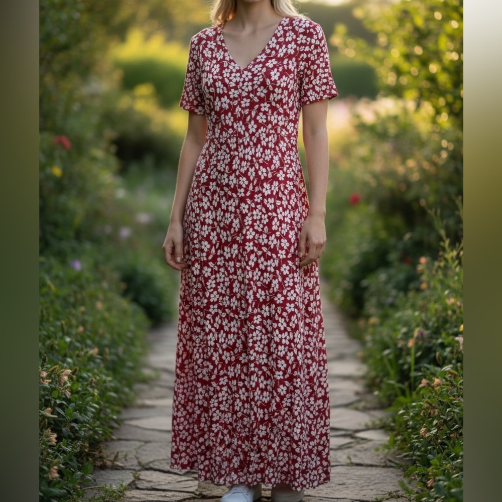 Kindred Anthropologie Three Button Floral Red Smocked Waist Maxi Dress